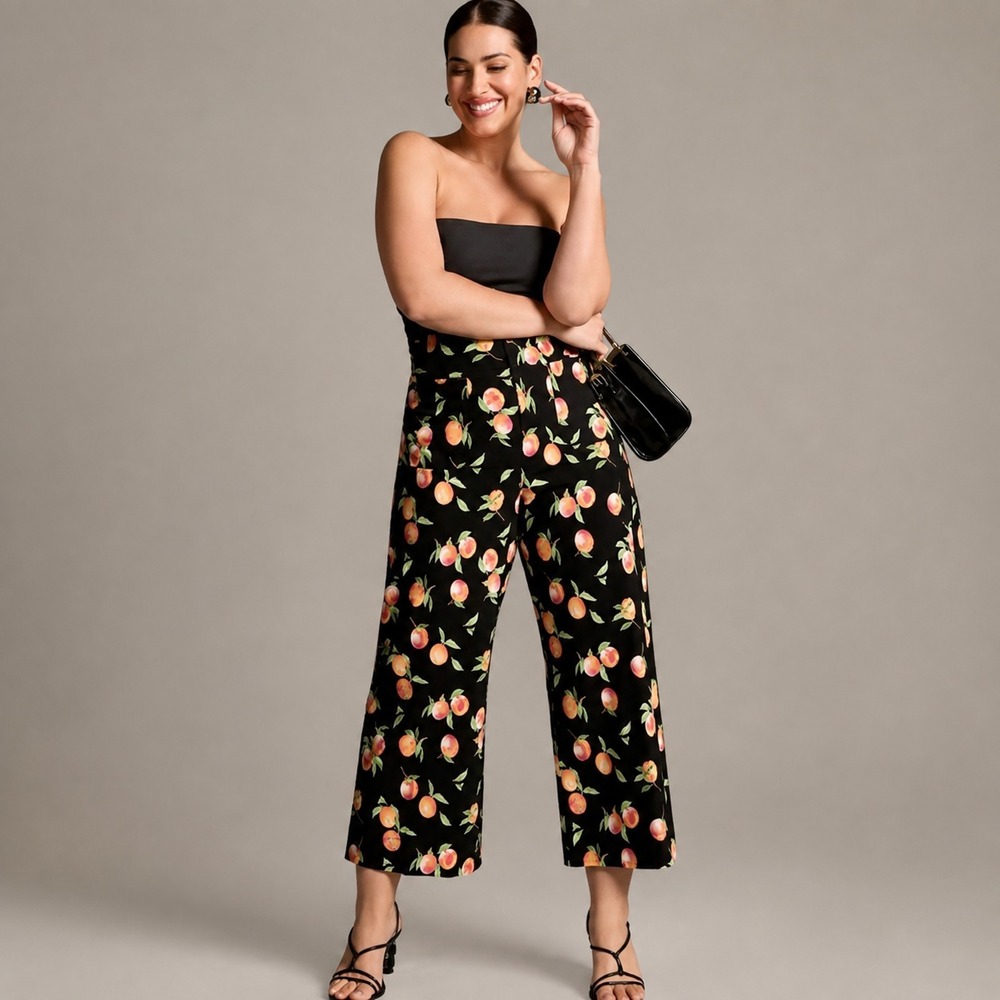 Maeve x Anthropologie Colette Crop Ankle Wide-Leg Pants Black Peach Print 33